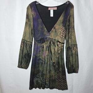 Urban Mango Womens L Boho Tunic Dress Multicolor V-Neck Bell Sleeve Witchy  Y2K